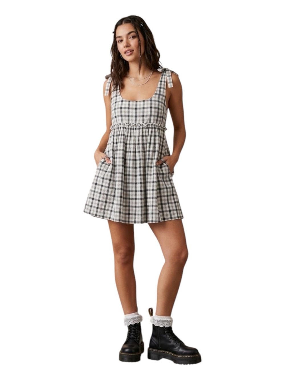 Urban Outfitters- Plaid Mini Babydoll 100% Cotton Dress Size Small w/ Pockets